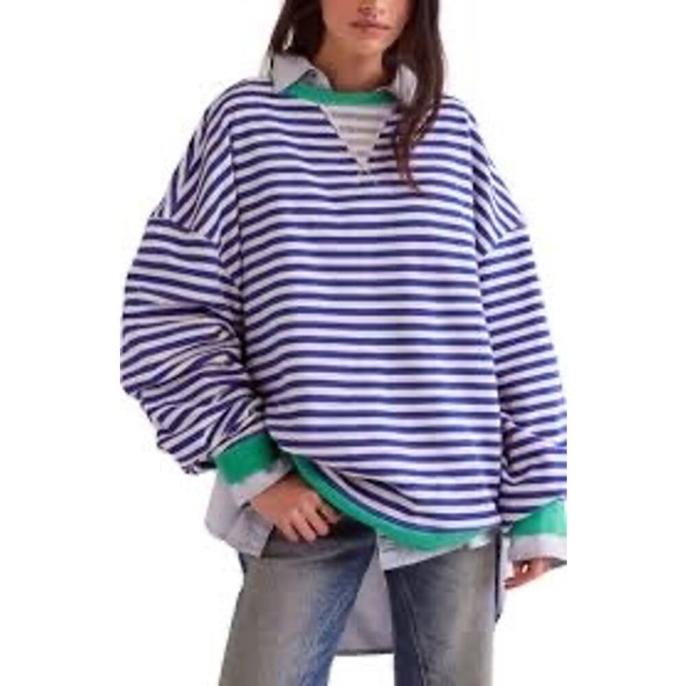 Free People Classic Stripe Oversized Crewneck Blue Green Combo Women's Sz XS
